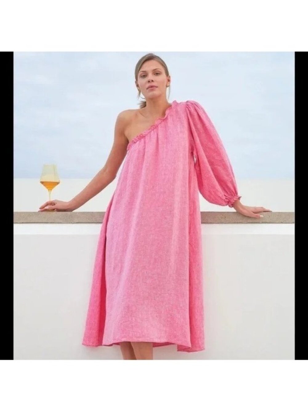 LAKE Milly XXL Linen Pink One-Shouldered Midi Dress Pockets Beach Resortwear